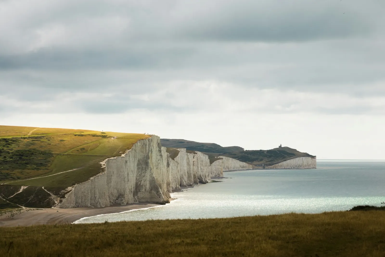 The white chalk cliffs of the Sussex coast under a soft sky